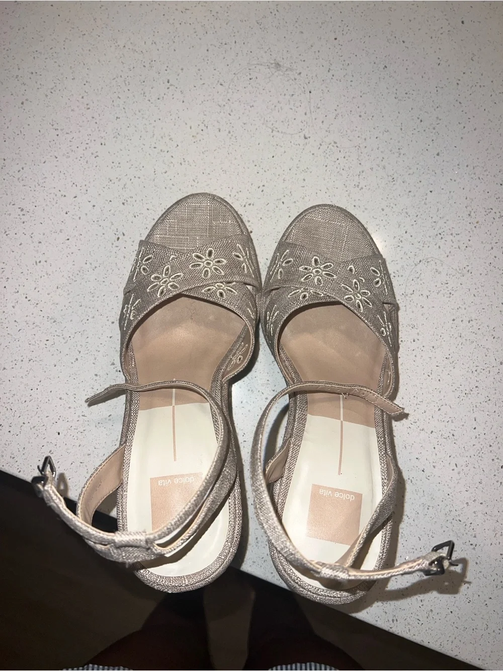 Embroidered Beige Platform Sandals with Ankle Strap - Women
